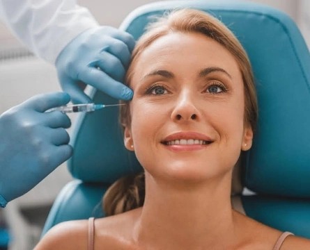Woman happily receiving botox injection